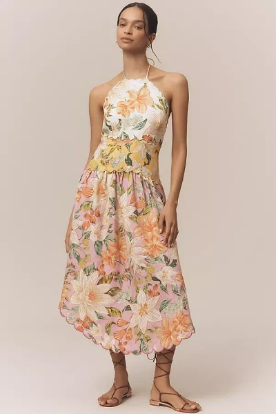 Farm Rio Linen Halter Drop-waist Midi Dress In Pink