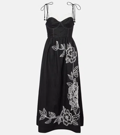 Farm Rio Linen Lace Midi Dress In Black