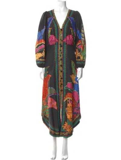 Pre-owned Farm Rio Linen Long Dress In Black