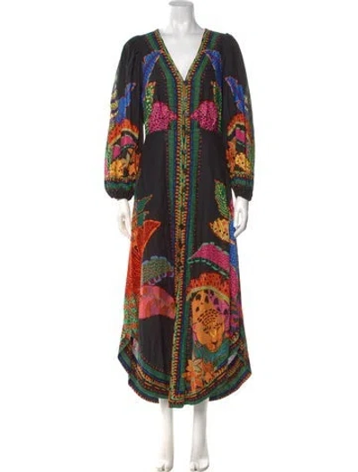 Pre-owned Farm Rio Linen Long Dress In Black