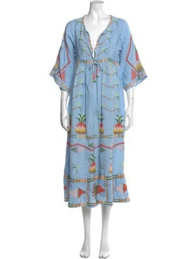 Pre-owned Farm Rio Linen Long Dress In Blue
