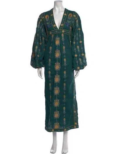 Pre-owned Farm Rio Linen Long Dress In Green