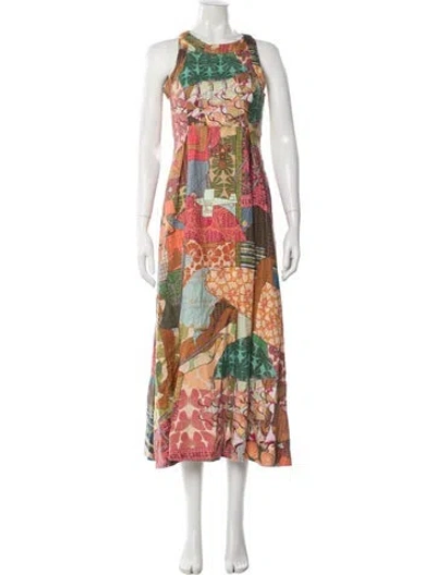Pre-owned Farm Rio Linen Long Dress In Green