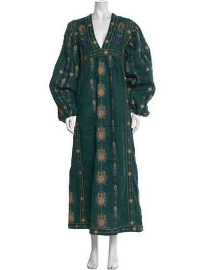 Pre-owned Farm Rio Linen Long Dress In Green