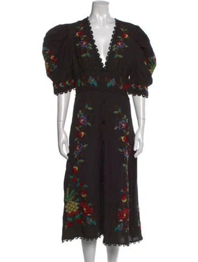 Pre-owned Farm Rio Linen Midi Length Dress In Black
