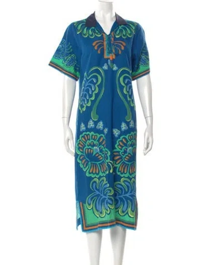 Pre-owned Farm Rio Linen Midi Length Dress In Blue
