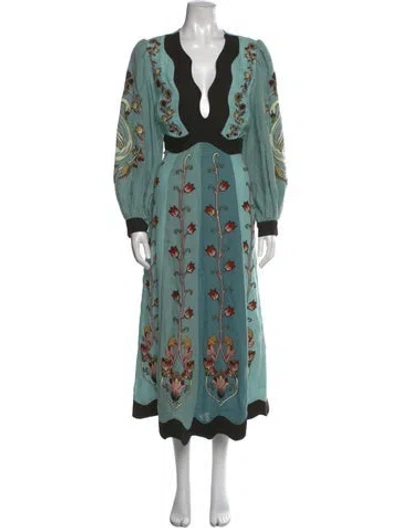 Pre-owned Farm Rio Linen Midi Length Dress In Blue