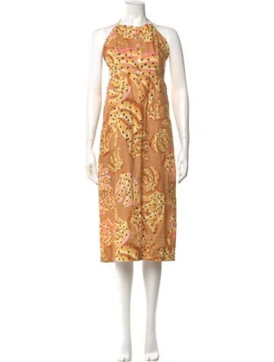 Pre-owned Farm Rio Linen Midi Length Dress In Brown