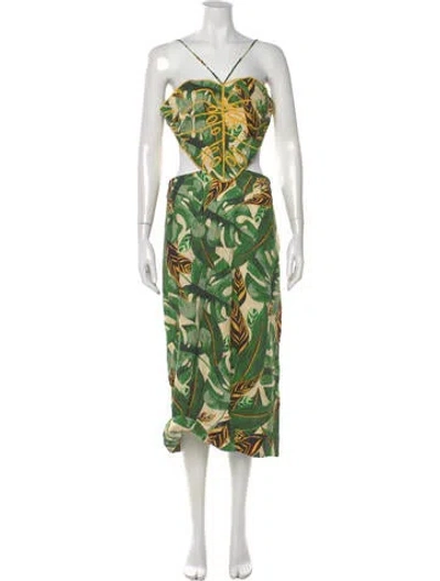 Pre-owned Farm Rio Linen Midi Length Dress In Green