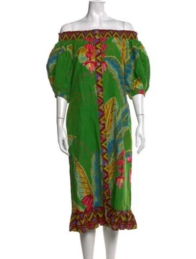 Pre-owned Farm Rio Linen Midi Length Dress In Green