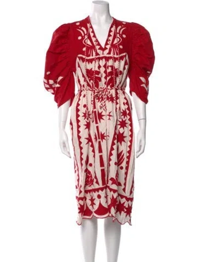 Pre-owned Farm Rio Linen Midi Length Dress In Red