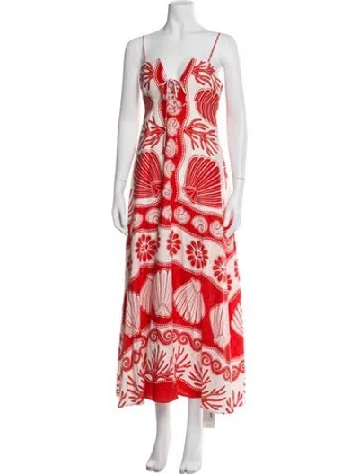 Pre-owned Farm Rio Linen Midi Length Dress In Red