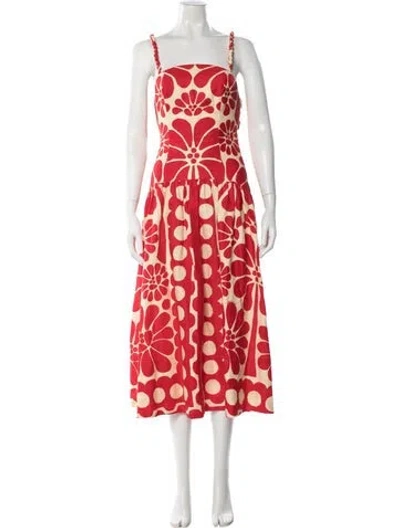 Pre-owned Farm Rio Linen Midi Length Dress In Red