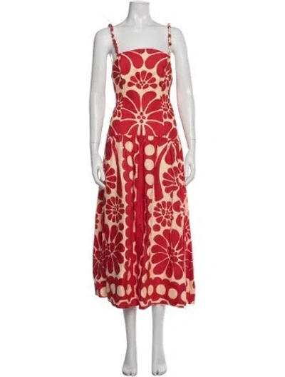 Pre-owned Farm Rio Linen Midi Length Dress In Red