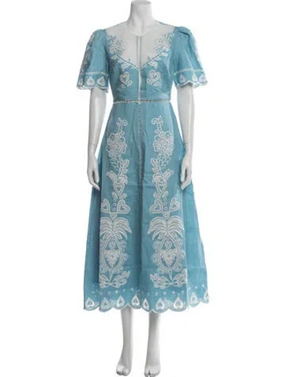 Pre-owned Farm Rio Linen Midi Length Dress W/ Tags In Blue