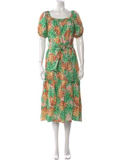 Pre-owned Farm Rio Linen Midi Length Dress W/ Tags In Green