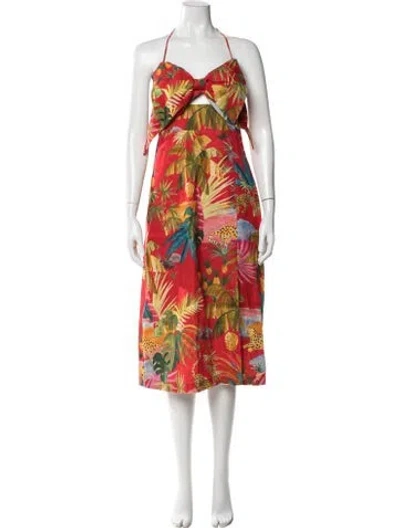 Pre-owned Farm Rio Linen Midi Length Dress W/ Tags In Red