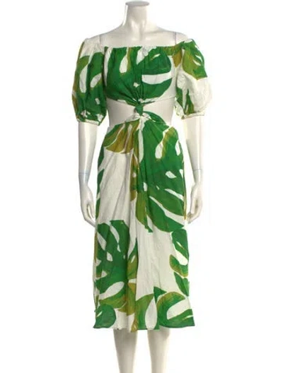 Pre-owned Farm Rio Linen Midi Length Dress In White