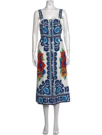 Pre-owned Farm Rio Linen Midi Length Dress In White