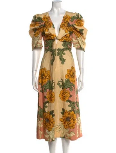 Pre-owned Farm Rio Linen Midi Length Dress In Yellow