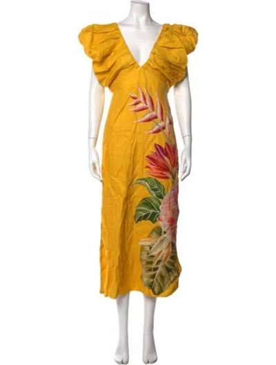 Pre-owned Farm Rio Linen Midi Length Dress In Yellow