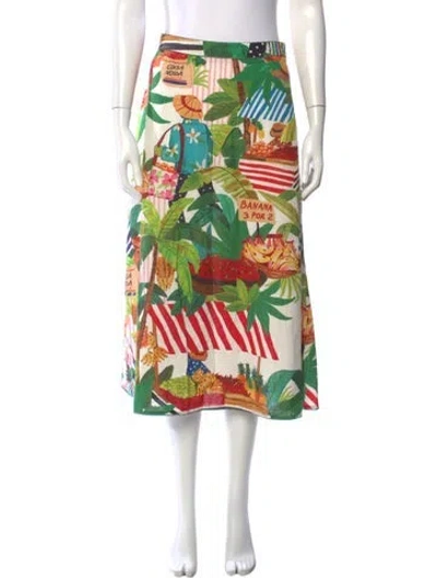 Pre-owned Farm Rio Linen Midi Length Skirt In Green