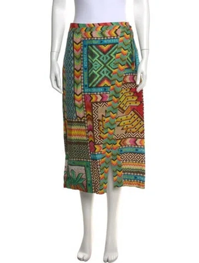 Pre-owned Farm Rio Linen Midi Length Skirt In Green/yellow