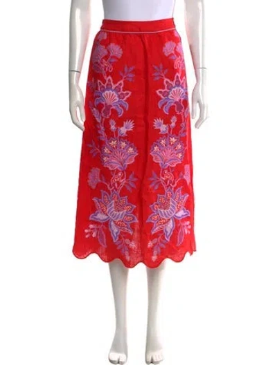 Pre-owned Farm Rio Linen Midi Length Skirt In Red