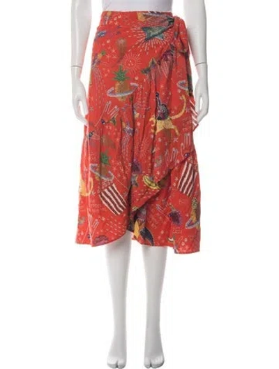 Pre-owned Farm Rio Linen Midi Length Skirt In Red