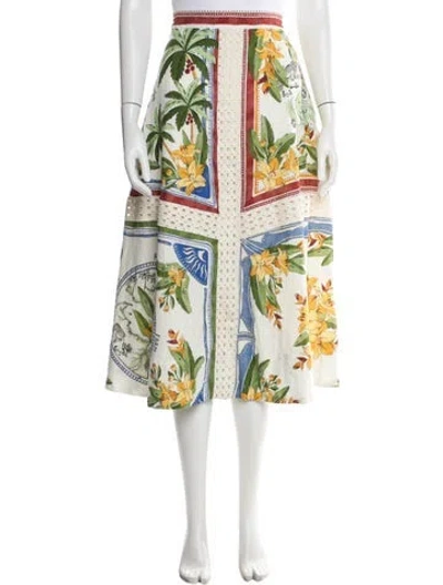 Pre-owned Farm Rio Linen Midi Length Skirt In White