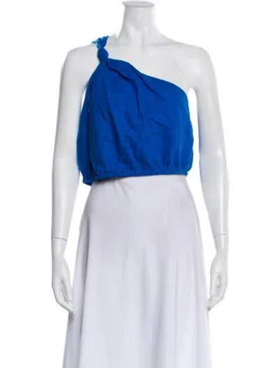 Pre-owned Farm Rio Linen One-shoulder Crop Top W/ Tags In Blue