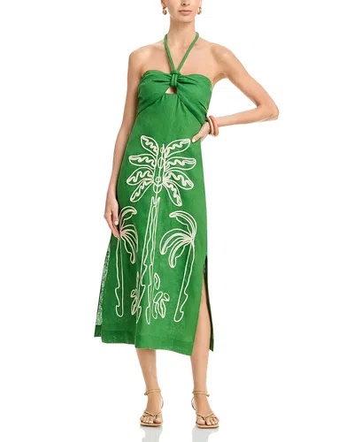 Farm Rio Green Palm Tree Embroidered Halter Neck Midi Dress