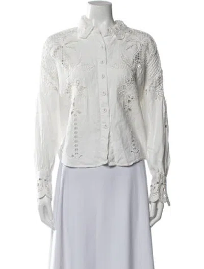Pre-owned Farm Rio Linen Patterned Blouse In White