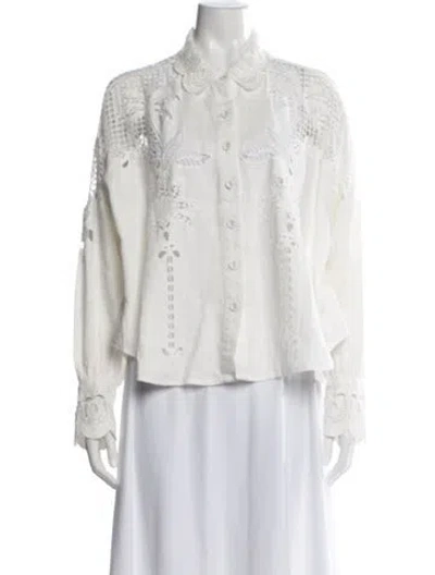 Pre-owned Farm Rio Linen Patterned Blouse In White