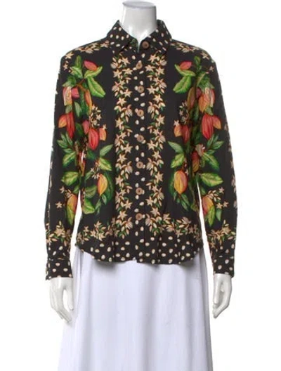 Pre-owned Farm Rio Linen Patterned Button-up Top In Black