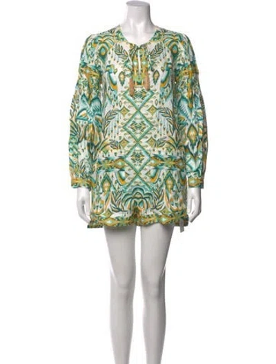 Pre-owned Farm Rio Linen Patterned Romper In Green