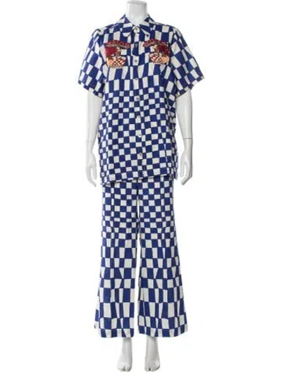 Pre-owned Farm Rio Linen Plaid Print Pant Set W/ Tags In Blue