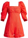 Farm Rio Puff Sleeve Linen Romper In Red