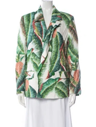 Pre-owned Farm Rio Linen Printed Blazer In Green