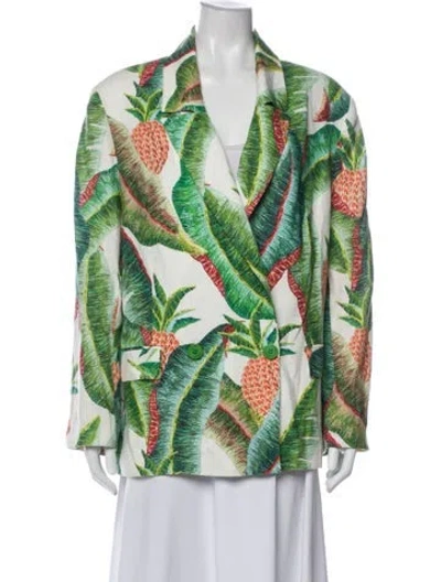 Pre-owned Farm Rio Linen Printed Blazer In White