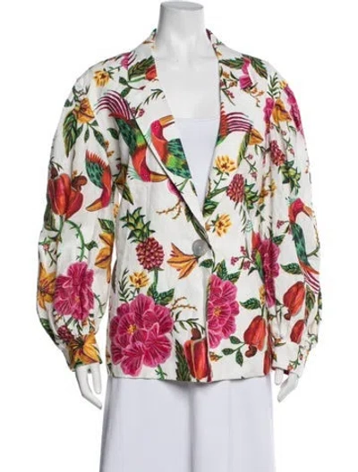 Pre-owned Farm Rio Linen Printed Blazer In White