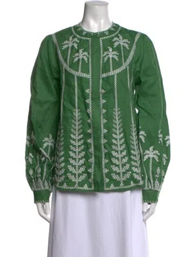 Pre-owned Farm Rio Linen Printed Blouse W/ Tags W/tags In Green