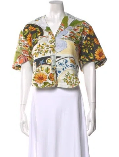 Pre-owned Farm Rio Linen Printed Blouse In White