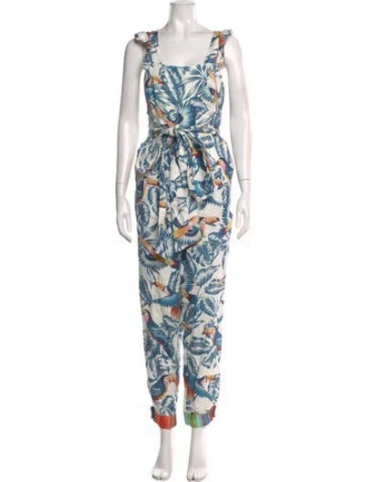 Pre-owned Farm Rio Linen Printed Jumpsuit In Blue