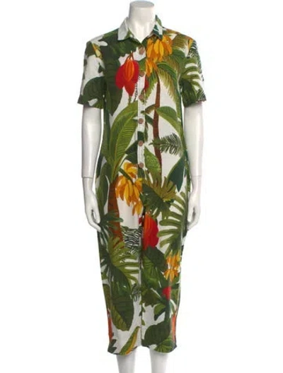 Pre-owned Farm Rio Linen Printed Jumpsuit In Green
