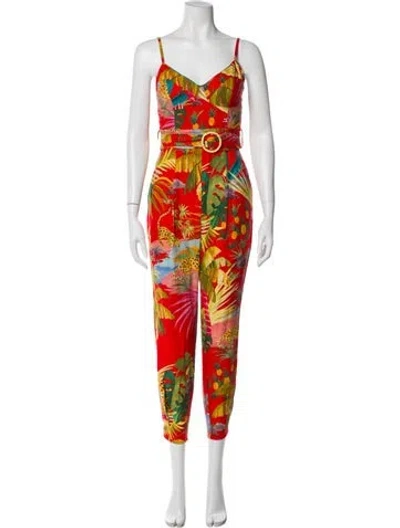 Pre-owned Farm Rio Linen Printed Jumpsuit In Red