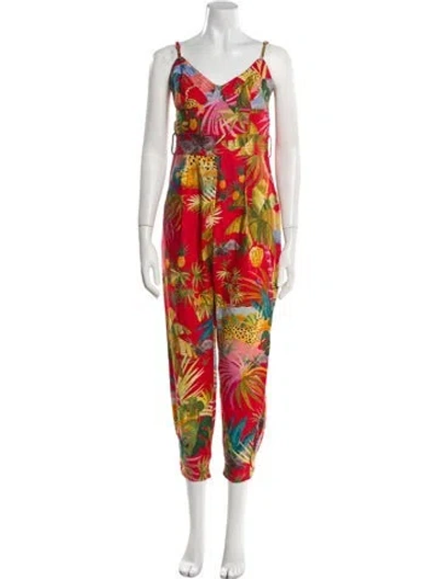 Pre-owned Farm Rio Linen Printed Jumpsuit In Red