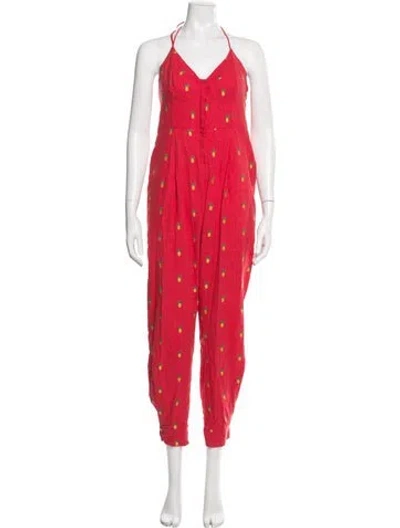 Pre-owned Farm Rio Linen Printed Jumpsuit In Red