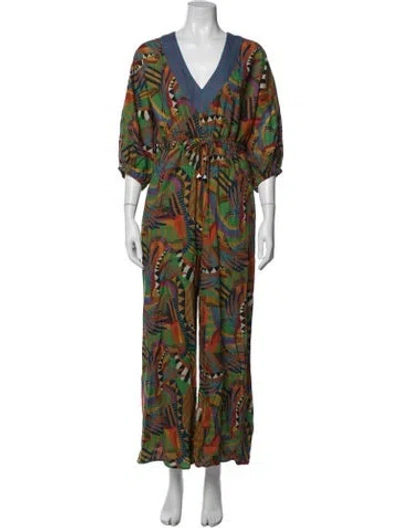 Pre-owned Farm Rio Linen Printed Jumpsuit W/ Tags In Blue