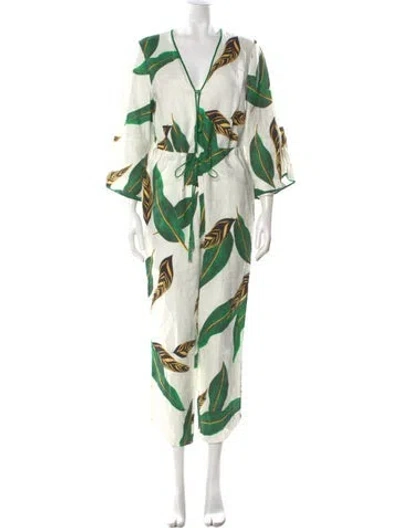 Pre-owned Farm Rio Linen Printed Jumpsuit W/ Tags In White